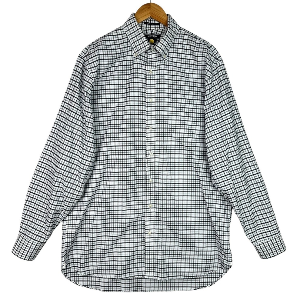 Lands End Supima No Iron Oxford Shirt 16.5 36 Tall Blue Plaid Traditional Fit